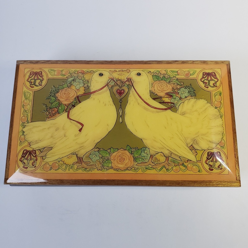 Vintage Reuge Swiss Musical Movement Lefton Jewelry Box Glossy Wood with Doves
